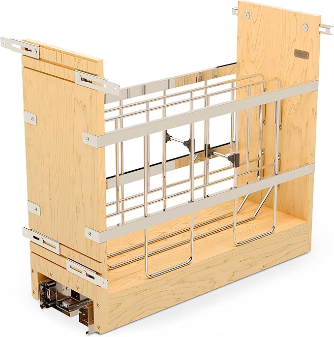 Rev-A-Shelf 8" Pullout Wooden Bakeware Organizer w/ Ball Bearing Soft-Close for Full Height Base Kitchen Cabinets, Foil Wrap/Tray Divider, Min Opening Width of 8.5", 447-BCBBSC-8C