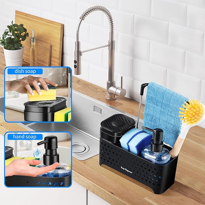 Kitchen Soap Dispenser Set, Sponge Holder for Kitchen Sink, Hand and Dish Soap Dispenser with Sink Caddy - 5-in-1 Design, Non-Slip Drainage Water Kitchen Sink Organizer (Black)