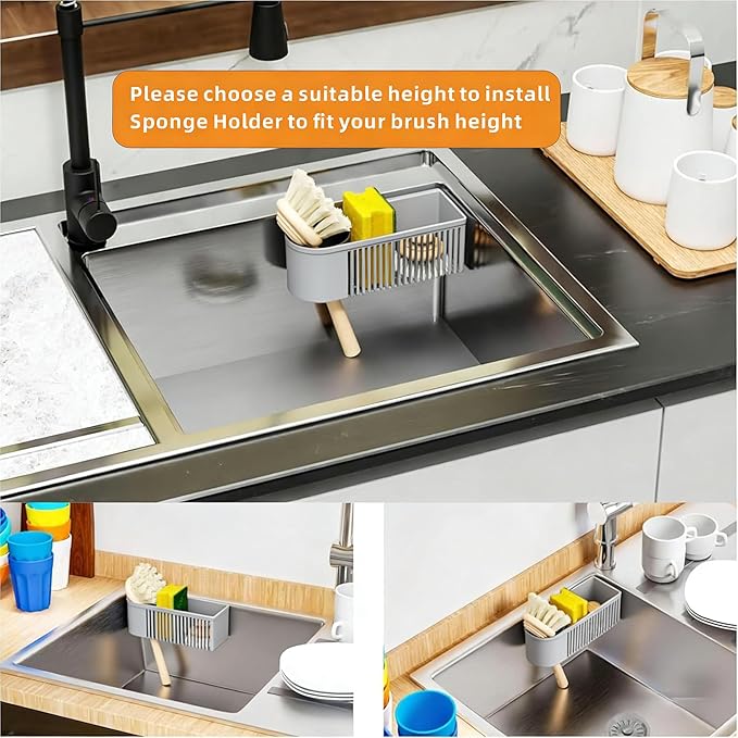 SuoXing Inside Sink Sponge Holder,Grey Rustproof Sink Caddy and Scrub Holder for Kitchen Sink with Suction Cup,Adhesive,Plastic Dish Sink Organizer for Scrub Brush,Scrubber,Dish Sponge,Spinge Holder