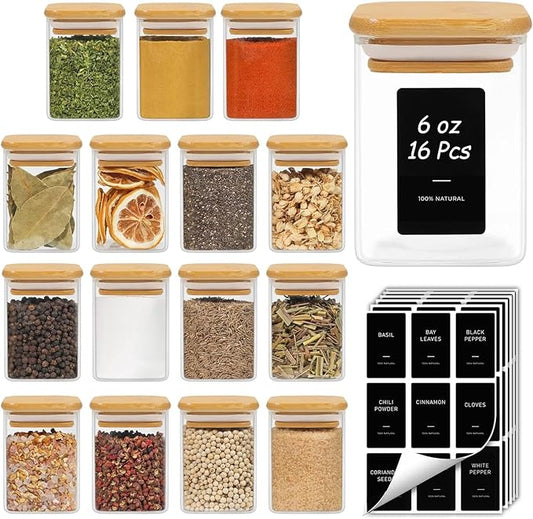 16Pcs Spice Jars with Labels, Glass Jar with Bamboo Lid
