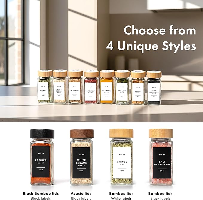 EDELHAUS® Square Spice Jars with Bamboo Wooden Lid (Pack of 24) Spice Jars with Shaker Insert and 240 Labels - Bamboo Lid Glass Container for Spice Organisation [4.3 in × 1.8 in]