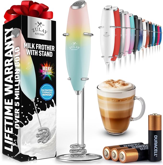 Zulay Kitchen Powerful Milk Frother Wand With Duracell Batteries - Ultra Fast Handheld Drink Mixer - Electric Whisk Foam Maker for Coffee, Lattes, Cappuccino & Matcha - Triple Whisk - Pink Sunrise