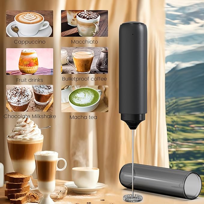 Rechargeable Milk Frother Handheld with Cover Electric Handheld Foam Maker Portable Drink Mixers for Matcha,Lattes and Cappuccino, Black