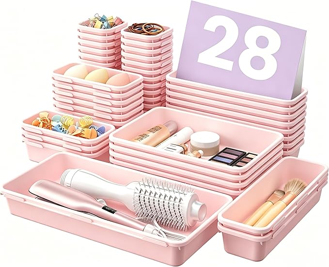 A-LuGei 【Military Grade Drawer Organizer, 【𝟱𝗦𝗶𝘇𝗲】 Makeup organizer, 【Holds 177 Items】 Bathroom Organizers and Storage, Organization and Storage, Desk Drawer Organizer for Vanity (Pink)