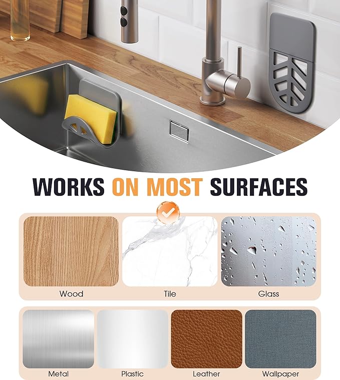 2Pack Sponge Holder for Kitchen Sink, Strong Self-Adhesive Sink Caddy Soap Holder, Silicone Rustproof for Sponges, Brushes, Stoppers, Razo, Flexible-2.9" x 4.92" (Grey)