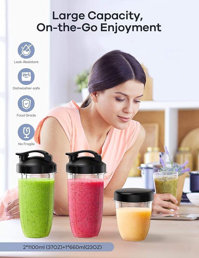 Ganiza Smoothie Blender, Max 1300 Watt Personal Blender and Grinder Combo for Kitchen, Portable Maker for Smoothies, Shakes, Frozen Drinks, Sauces with 6-Leaf Blade, 23 oz, (2) 37 oz To-Go Cups