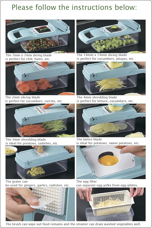 Food Chopper Vegetable-Fruit-Cheese-Onion Chopper Slicer Dicer Tomato Grater 12 in 1 Veggie Chopper Spiralizer Salad Potato Slicer with Container Multi-function Kitchen Aid Carrot Cutter (White)