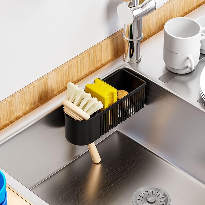 SuoXing Inside Sink Sponge Holder,Black Rustproof Sink Caddy and Scrub Holder for Kitchen Sink with Suction Cup,Adhesive,Plastic Dish Sink Organizer for Scrub Brush,Scrubber,Dish Sponge,Spinge Holder