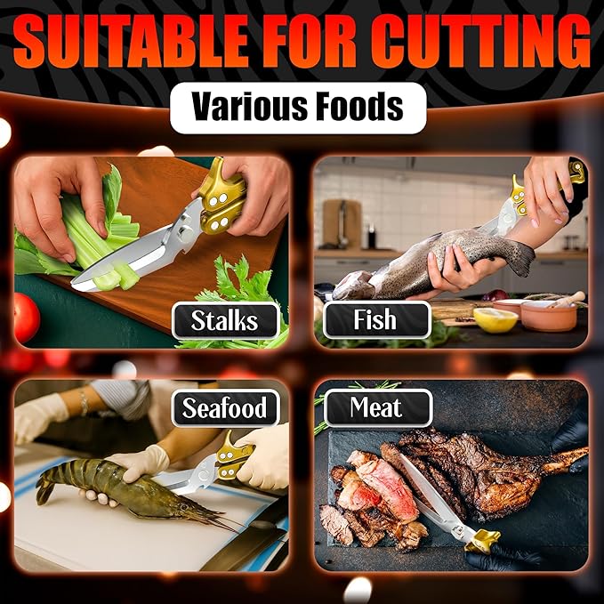 Heavy Duty Poultry Shears – Kitchen Shears Dishwasher Safe, Spring-Loaded, 3Cr14 Steel, Micro-Serrated, Separates for Easy Cleaning | Bone Scissors for Chicken, Turkey, Seafood & Fish Scale (Gold)
