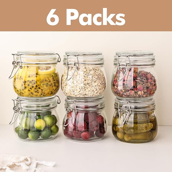 6 Pack 17oz Mason Glass Jars with Clamp Lids, Large Clear Airtight Food Storage Containers, Glass Canisters for Coffee, Sugar, Flour, Pasta, Spices, BPA-Free