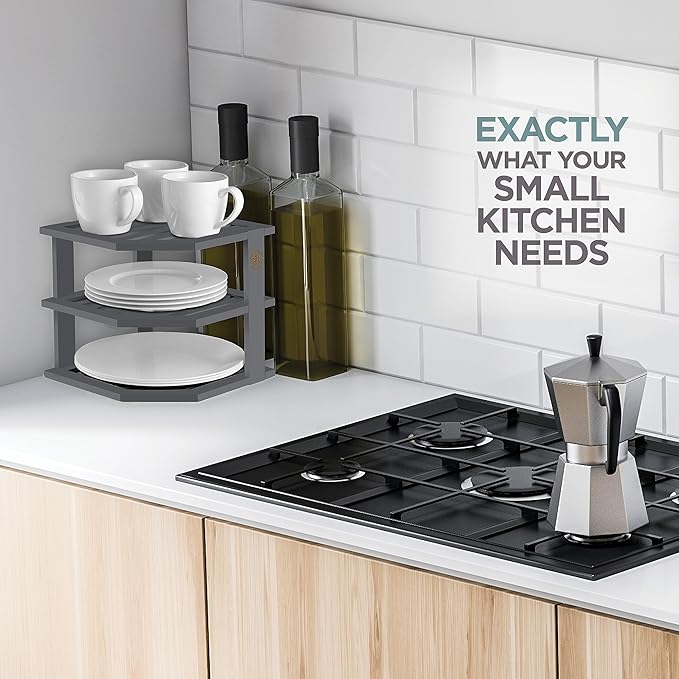 Bambüsi Plate Organizer for Cabinet - Grey Corner Cabinet Organizer and Kitchen Cabinet Organizer Shelf, Kitchen Countertop Organizer for Plates, Dishes and Bowls, Space Saving Corner Rack, (Gray)