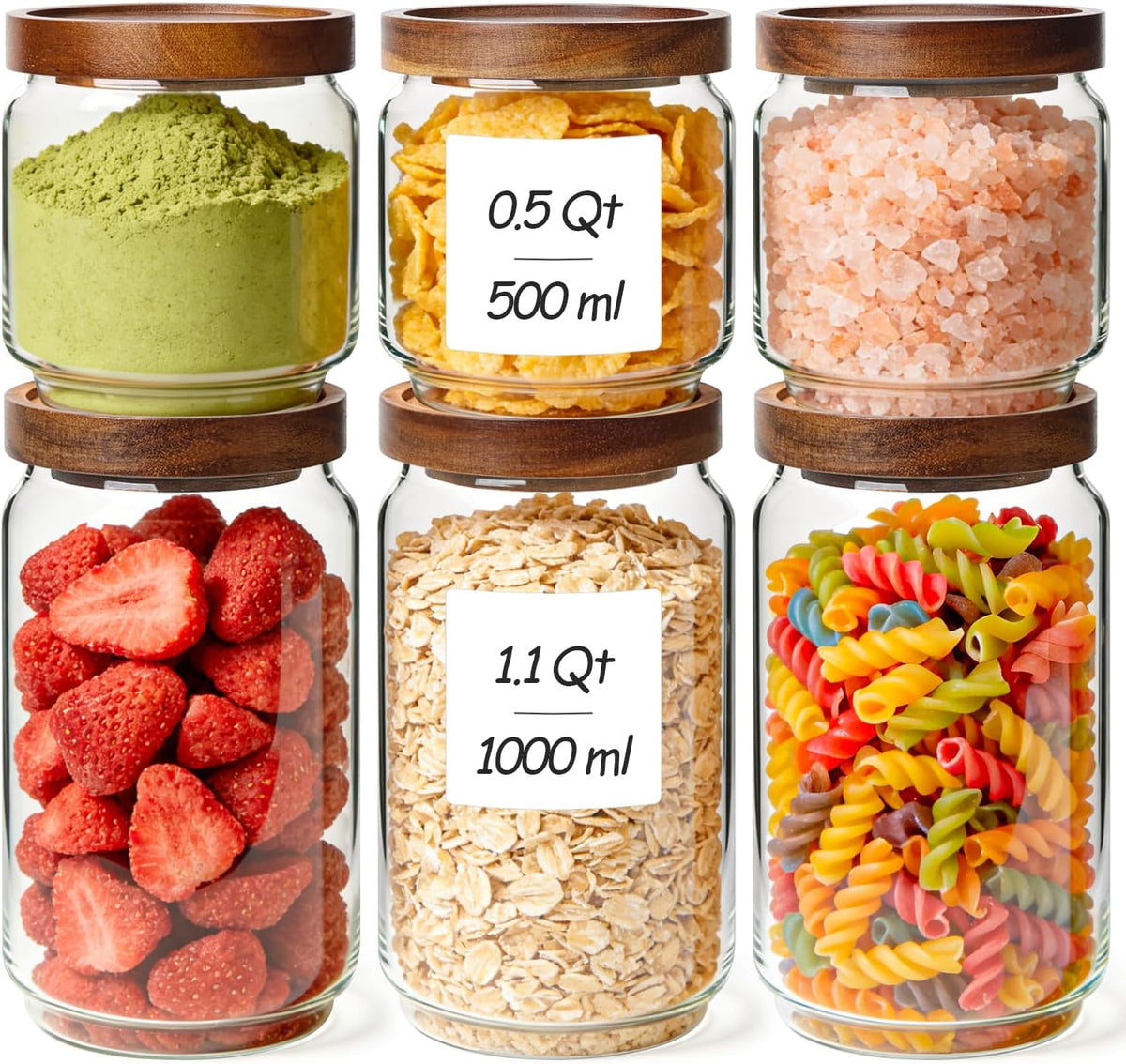 Glass Pantry Storage Container with Acacia Wood Lids 1.1/0.5Qt 6Pack
