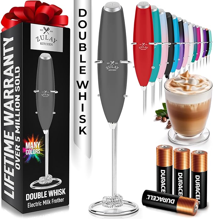 Zulay Kitchen Powerful Milk Frother Wand With Duracell Batteries - Ultra Fast Handheld Drink Mixer - Electric Whisk Foam Maker for Coffee, Lattes, Cappuccino & Matcha - Double Whisk - Charcoal