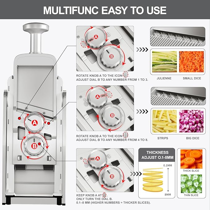 8 in 1 Mandoline Slicer for Kitchen, Vegetable Chopper, Potato Slicer, Fry Cutter Onion Chopper with Drain Basket Food Container with Lid, Stainless Steel Cheese Grater for Quick Meal Pre (Gray)