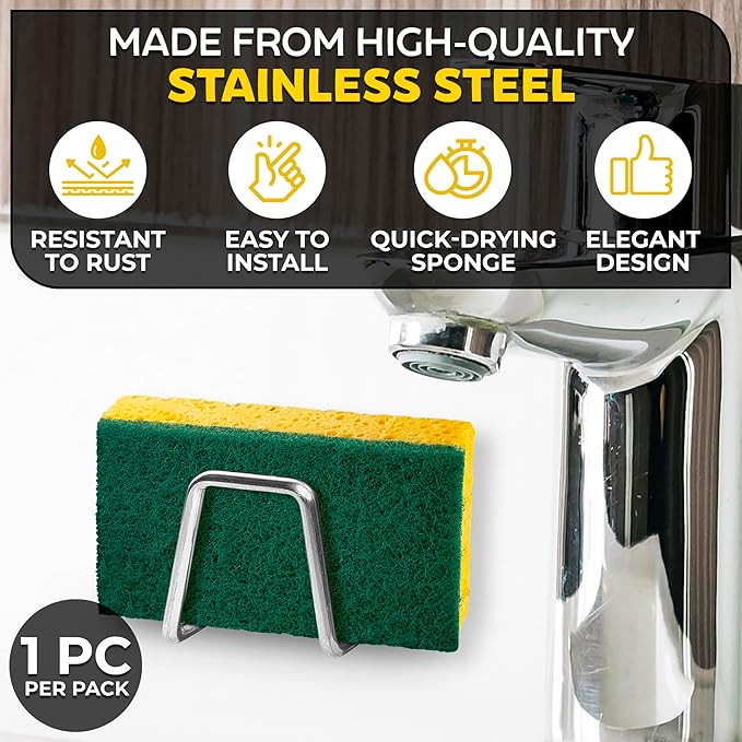 Stainless Steel Sponge Holder for Kitchen Sink, Saves Counter Space – Compact Quick-Dry Kitchen Sink Sponge Holder – Easy Adhesive Install, Rust-Resistant | Fits Metal, Glass, Ceramic, Wood & Tile