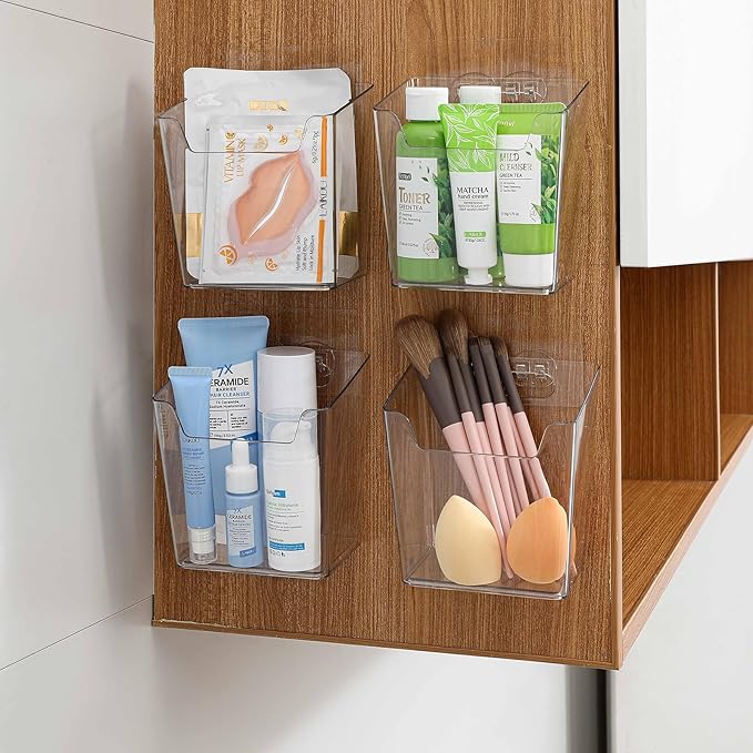 Clear Cabinet Door Organizer Bathroom, 4 Pack Hanging Makeup Storage Brush Holder, Adhesive Storage Bin Versatile Vertical Wall Mount Caddy for Pantry Office Kids' Room Small Items Organization