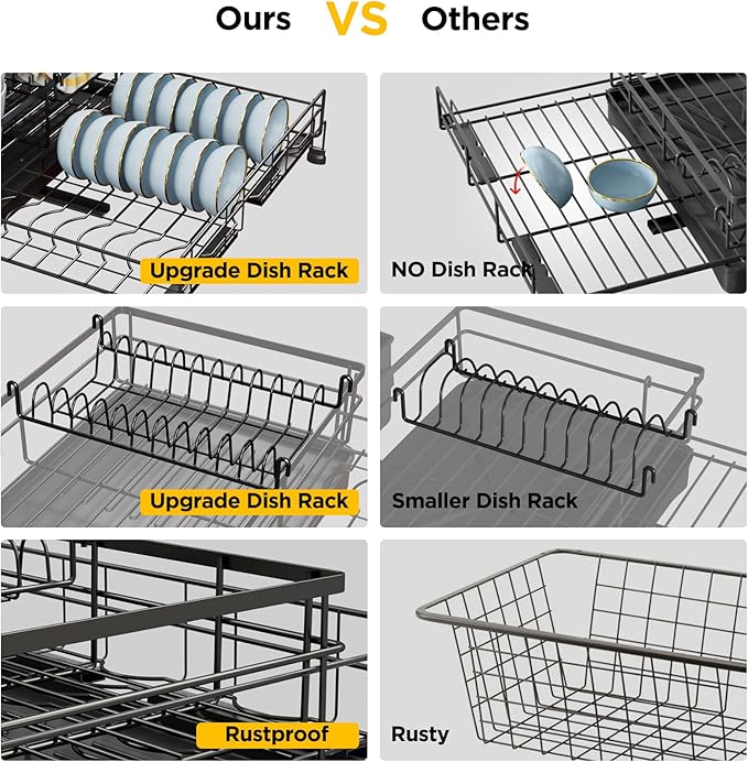 NETEL Dish Rack, Extendable Dish Drying Rack, Dish Drainer for Kitchen Counter, Dish Strainer with Utensil Holder, Over The Sink Dish Drying Rack with Automatic Drainage System