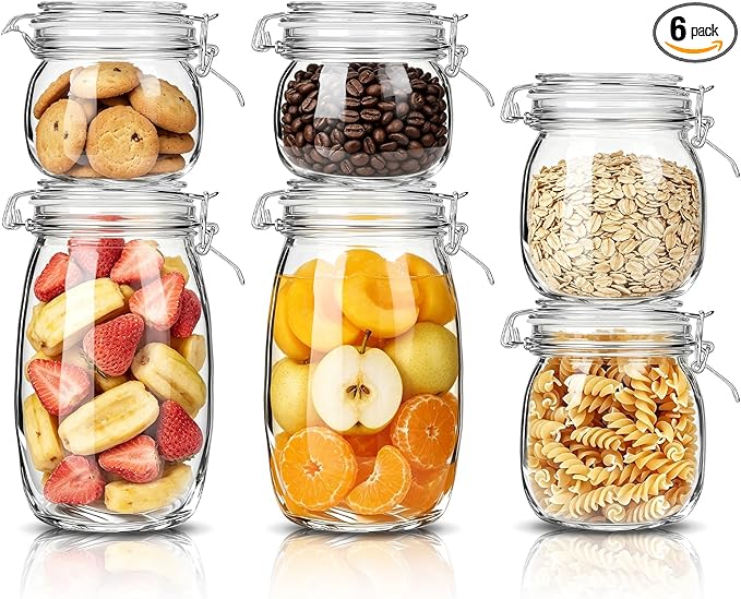 Glass Storage Jars with Airtight Lids Set of 6 (17 oz/26 oz/50 oz), Clear Glass Canister Containers Food Storage for Kitchen Pantry, Flour Sugar Coffee Beans Cereal Spice Tea, BPA-free