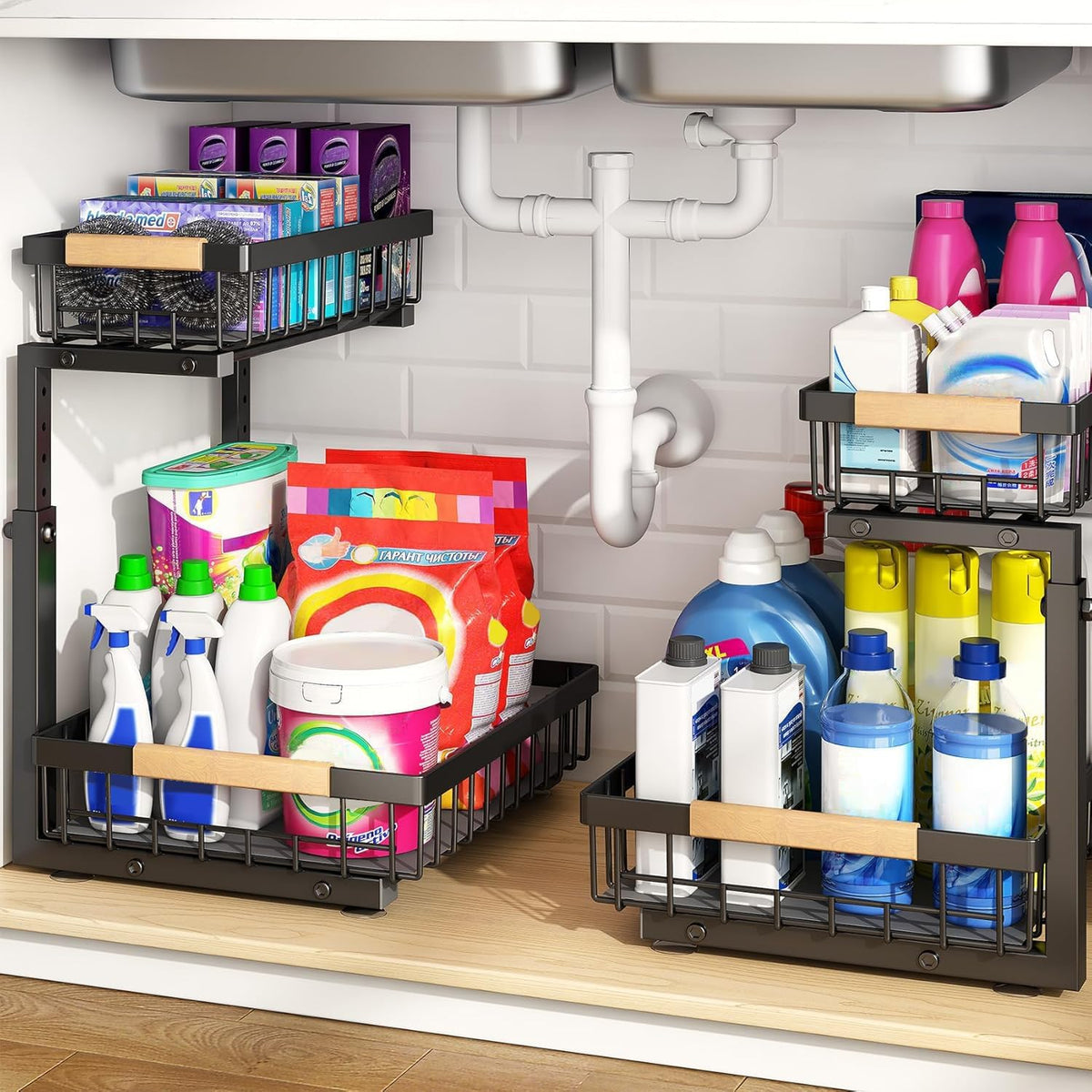 Under Sink Organizer, Adjustable Height, 2 Tier Pull Out Under Cabinet Organizer, Slide Out Thickened Metal Under Sink Storage for Kitchen Bathroom Laundry Pantry Cabinet, Black, Large-2-Pack