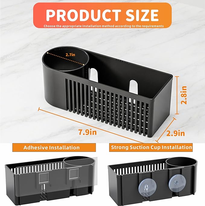 SuoXing Inside Sink Sponge Holder,Black Rustproof Sink Caddy and Scrub Holder for Kitchen Sink with Suction Cup,Adhesive,Plastic Dish Sink Organizer for Scrub Brush,Scrubber,Dish Sponge,Spinge Holder