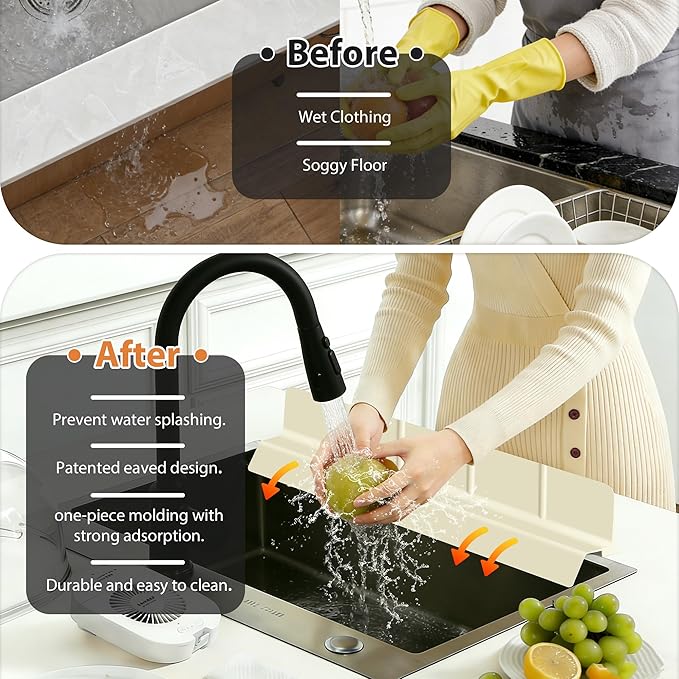 23Inch Sink Splash Guard – Extended Length & Tall Silicone Kitchen Sink Splash Guard with Overhang Drainage Design, High Splash Wall & Strong Suction Cups for Countertop (White, 23''x3.5'')