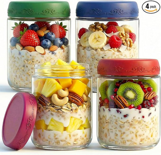 16 OZ 4Pack, Overnight Oats Jars with Lids, Glass Meal Prep Containers, Airtight Mason Jars for Breakfast, Yogurt Parfait, Salad & Smoothies, Leakproof and Reusable Food Storage Jars(4-1)