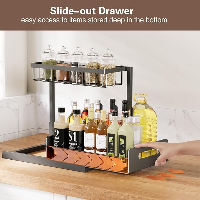 VUSIGN Under Kitchen Sink Organizer, 2 Tier Metal Slide out Sink Shelf Pull out Cabinet Organizer Drawers for Bathroom Kitchen Laundry, 2 Pack, Black