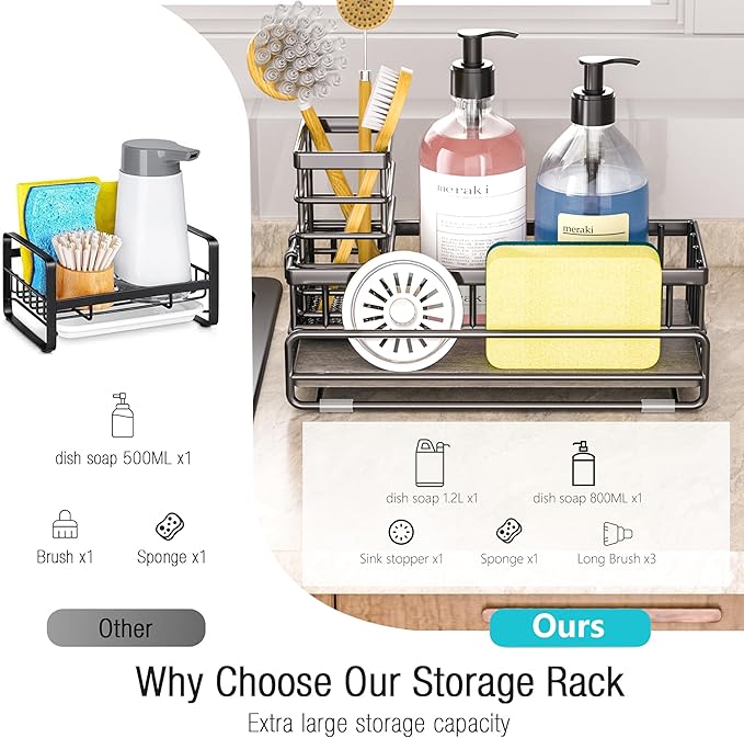 Large Family-Sized Sponge Holder for Kitchen Sink Organizer - Sink Caddy with Instant Drying Stone, Stainless Steel Sponge Holder for Sponges, Scrubbers, Soap, Home Countertop Organizer