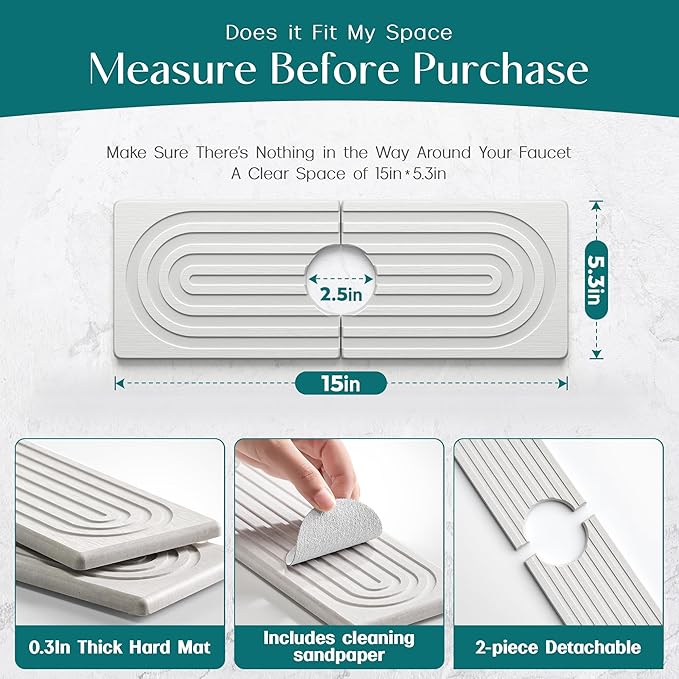 eormoe Faucet Mat for Kitchen Sink - Wider Diatomite Fast Drying Stone Sink Tray, Super Absorbent, Prevents Moisture Buildup - Faucet Splash Guard for Bathroom Counter (Light Grey, 15x5.3inch)