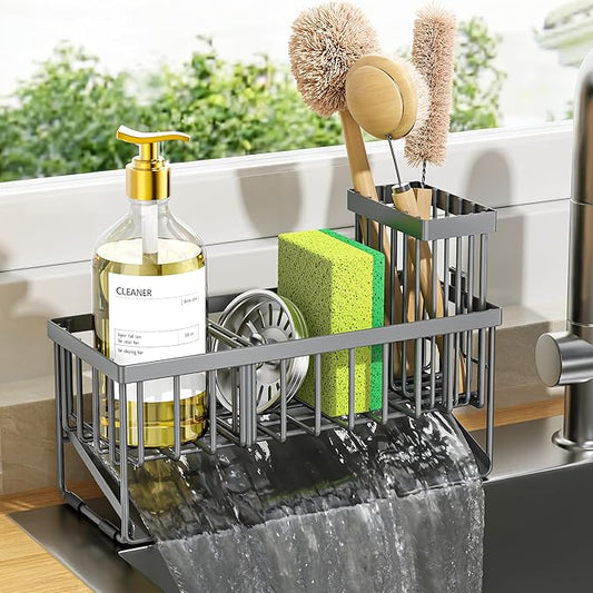 Cisily Sink Caddy Organzier with High Brush Holder, Sponge Holder for Sink, 304 Rustproof Stainless, Kitchen Countertop Soap Dispenser Organizer