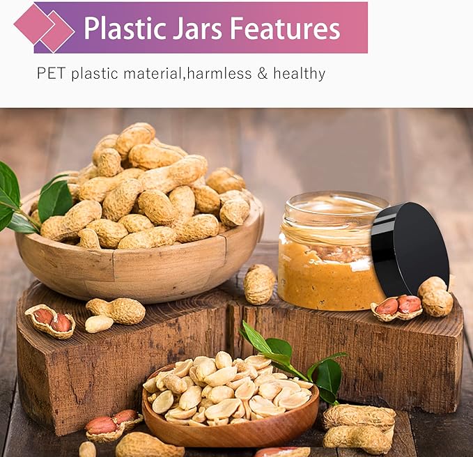 SLifeJars 4OZ Plastic Jars 48Pcs Wide Mouth Round Clear Container Jars with Black Lids Stackable Empty Slime Jar Refillable Clear Airtight Travel Storage Jar for Kitchen, Beauty Products and More