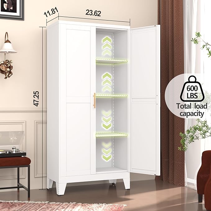 GAIOUS Metal Pantry Cabinet, Kitchen Pantry Storage Cabinets with 2 Door and 3 Adjustable Shelves, White Kitchen Pantry Cabinet, Freestanding Cupboard for Dining Room Living Room Bathroom