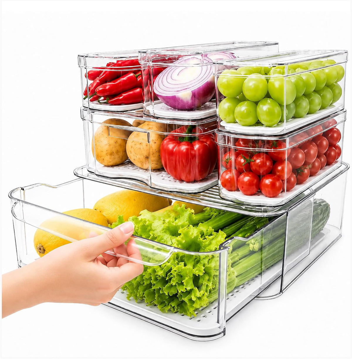 Clear Fridge Bins with Drain Trays - BPA-Free PET, Stackable(6 Pack)