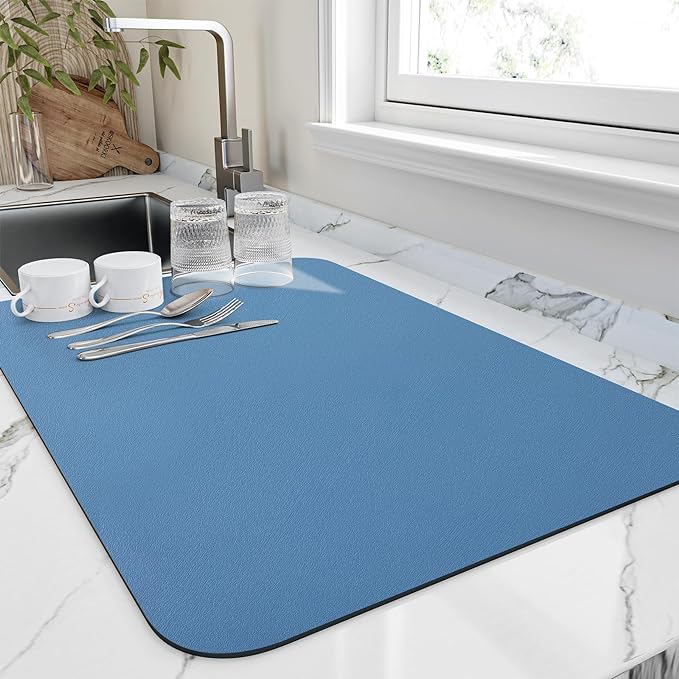 HotLive Dish Drying Mat for Kitchen Counter, Heat Resistant Drainer Mats with Non-slip Rubber Backed, Hide Stain Kitchen Super Absorbent Draining Mat, Easy to Clean Dish Rack Pad, Blue 16"x18"