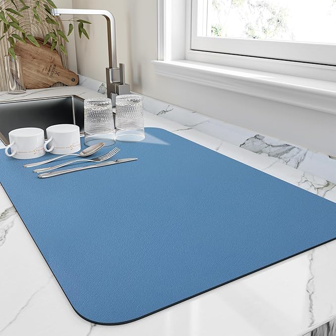 HotLive Dish Drying Mat for Kitchen Counter, Heat Resistant Drainer Mats with Non-slip Rubber Backed, Hide Stain Kitchen Super Absorbent Draining Mat, Easy to Clean Dish Rack Pad, Blue 16"x20"