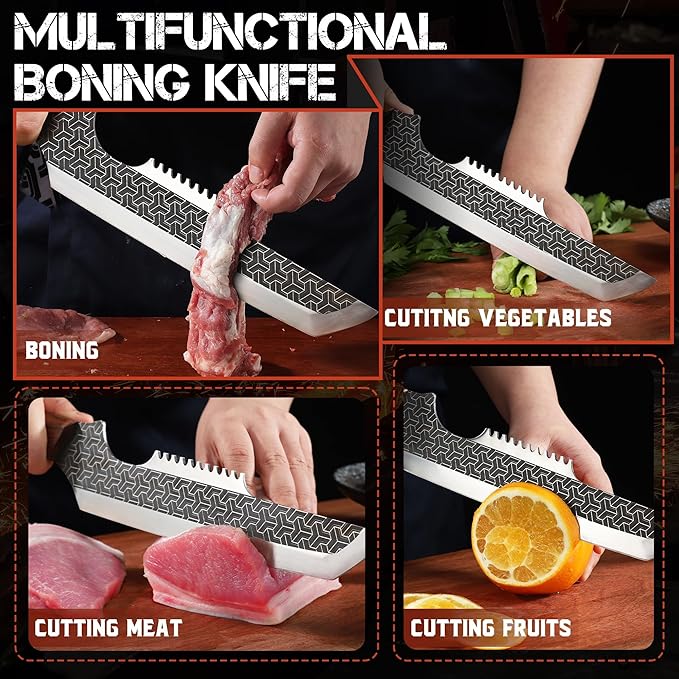 ROCOCO Butcher Meat Cleaver Knife - Boning Knife with Sheath for Kitchen Camping BBQ Birthday Thanksgiving 8.8"