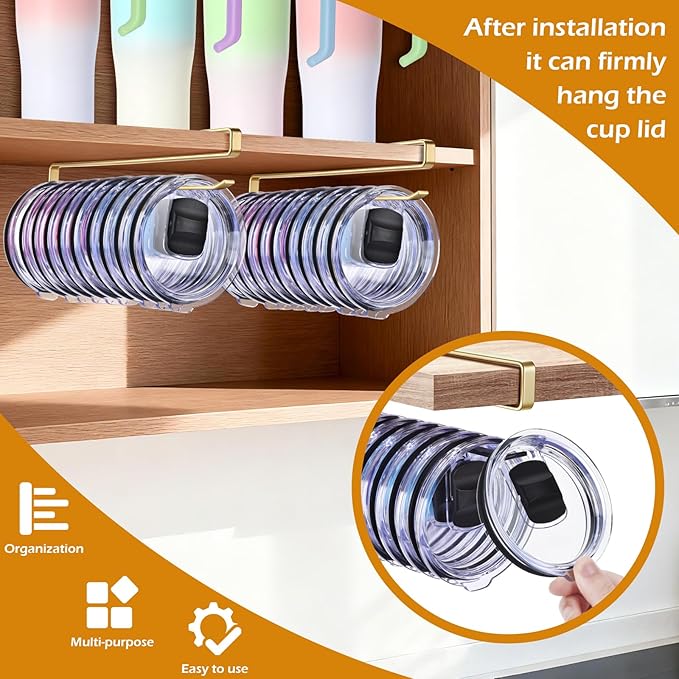 4Pack Tumbler Lid Organizer, Kitchen Space-Saving Cup Holder, Organizers for Under Cabinet Storage, No Glue or Drilling Required (Golden)