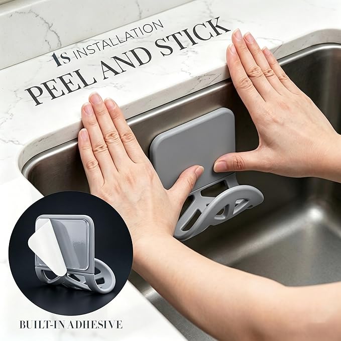 Flexible Sponge Holder for Kitchen Sink Adhesive - Bendable Silicone Sink Caddy 2 Pack, Metal Core Dish Scrubber Rack, Fold-Flat Organizer for Soap Brush Razor, Stone Wall Mount (Gray)