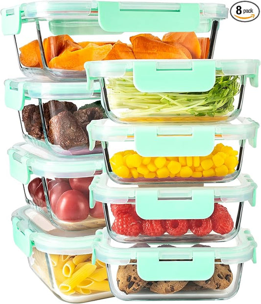 16PCS (8 Bowls + 8 Lids) High Borosilicate Glass Meal Prep Containers, Food Storage Containers with Airtight Lids, Glass Lunch Bento Boxes, Dishwasher Safe, mint