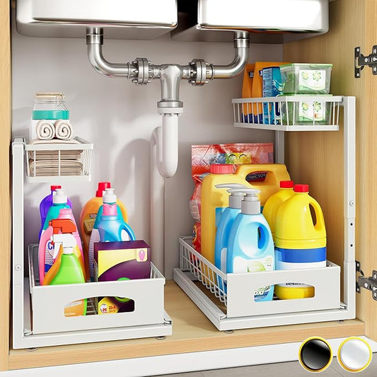 Under Sink Organizer, 2 Pack Cabinet Organizer for Kitchen, White, 2 Pack
