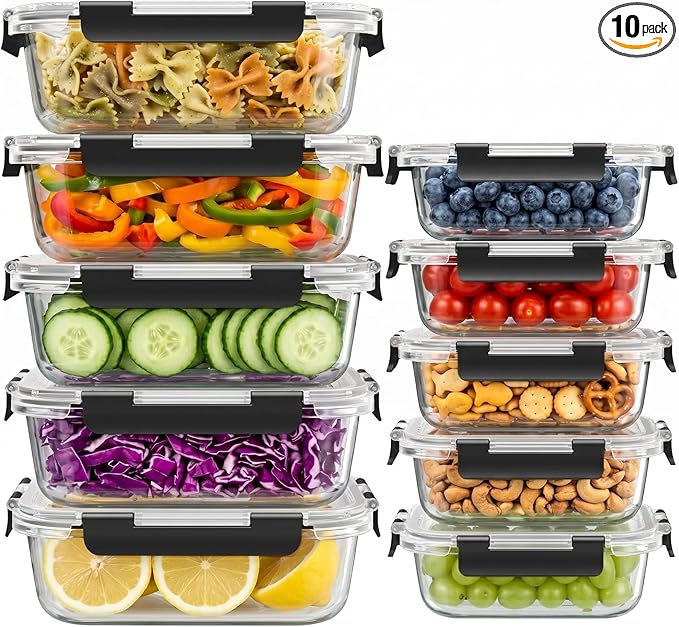 Dealusy 10 Sets (20-Piece) Glass Meal Prep Containers with Lids, Five 36 oz & Five 12 oz Airtight Leak-proof Glass Food Storage Containers with lids, Microwave Oven Freezer Dishwasher Safe, Black