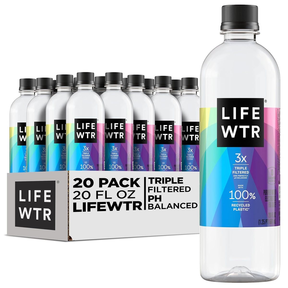 Premium Purified Water, pH Balanced with Electrolytes, 100% recycled plastic bottles, 20 Fl Oz (Pack of 20)