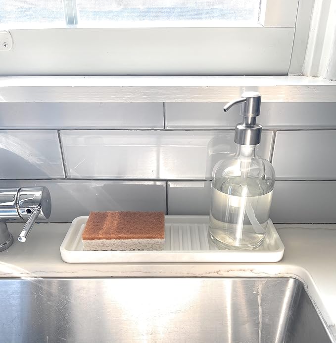 Silicone Kitchen Sink Organizer Tray, Sponge Holder and Countertop Protector | Bathroom and Kitchen Soap Dish and Dispenser Tray (Light Grey, 12"x4")