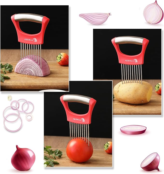 2PCS Onion Slicer Holder, XZZWLL Stainless Steel Onion Cutter for Slicing and Storage Onions, Tomato, Eggs and Vegetables, Protective Cover Included, Dishwasher Safe (Stylish Orange+ Red Color)
