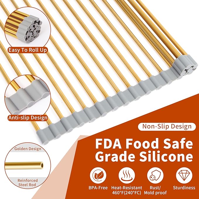 Golden Roll-UP Dish Drying Rack-Large Stainless Steel Dish Drainer Over The Sink for Kitchen Countertop, Applicable for Sink Width Less Than 16.5in (Gold,17.8'x 13.2')