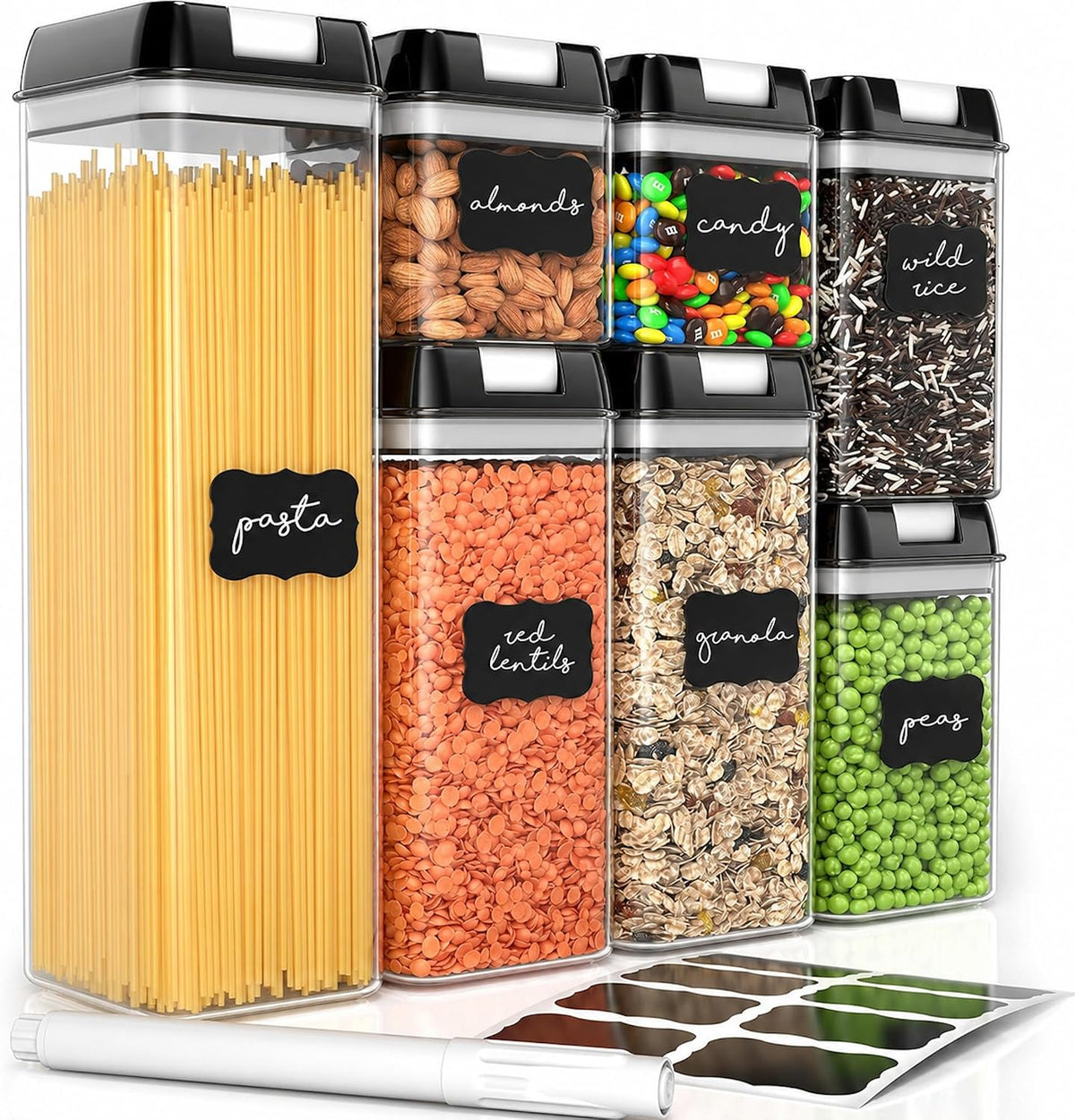 Airtight Food Storage Containers with Lids – 7 Piece Assorted Size Kitchen Pantry Organization Set, BPA-Free Clear Plastic, Stackable Containers for Cereal, Flour, Sugar, Rice, Snacks