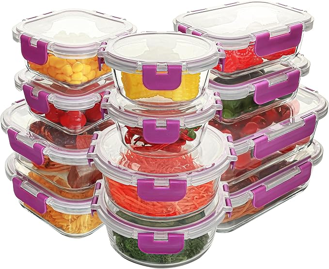 12 Pack Glass Food Storage Containers Set, Glass Meal Prep Containers with Lids, Airtight Lunch Containers, Dishwasher Safe, purple