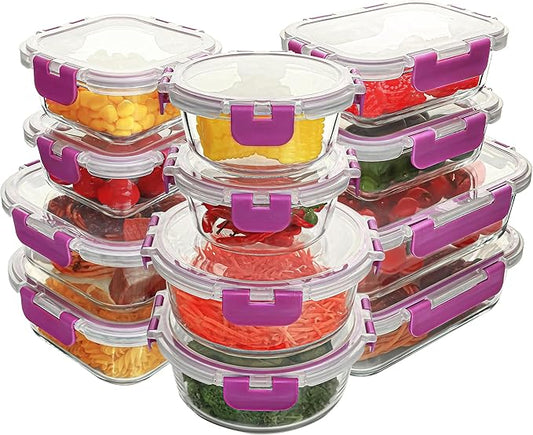 12 Pack Glass Food Storage Containers Set, Glass Meal Prep Containers with Lids, Airtight Lunch Containers, Dishwasher Safe, purple