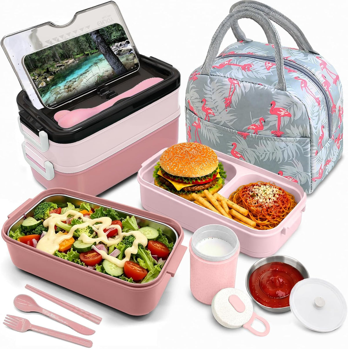 2-Tier Bento Lunch Box for Women & Adults with Insulated Lunch Bag