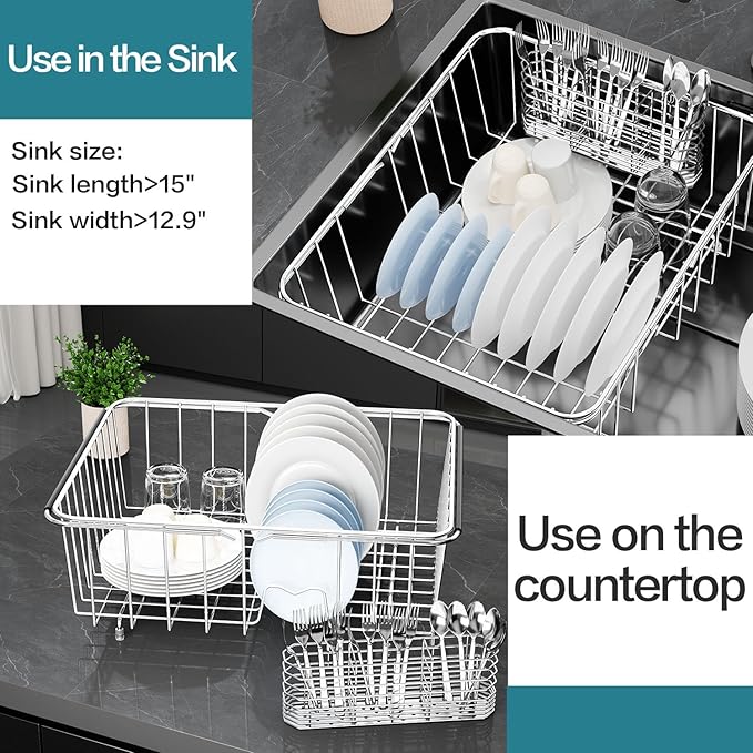 Large Dish Drying Rack in Sink Expandable, Adjustable304 Stainless Steel Metal Dish DrainerRack Organizer with Stainless Steel Utensil Holder Over Inside Sink Counter, Rustproof